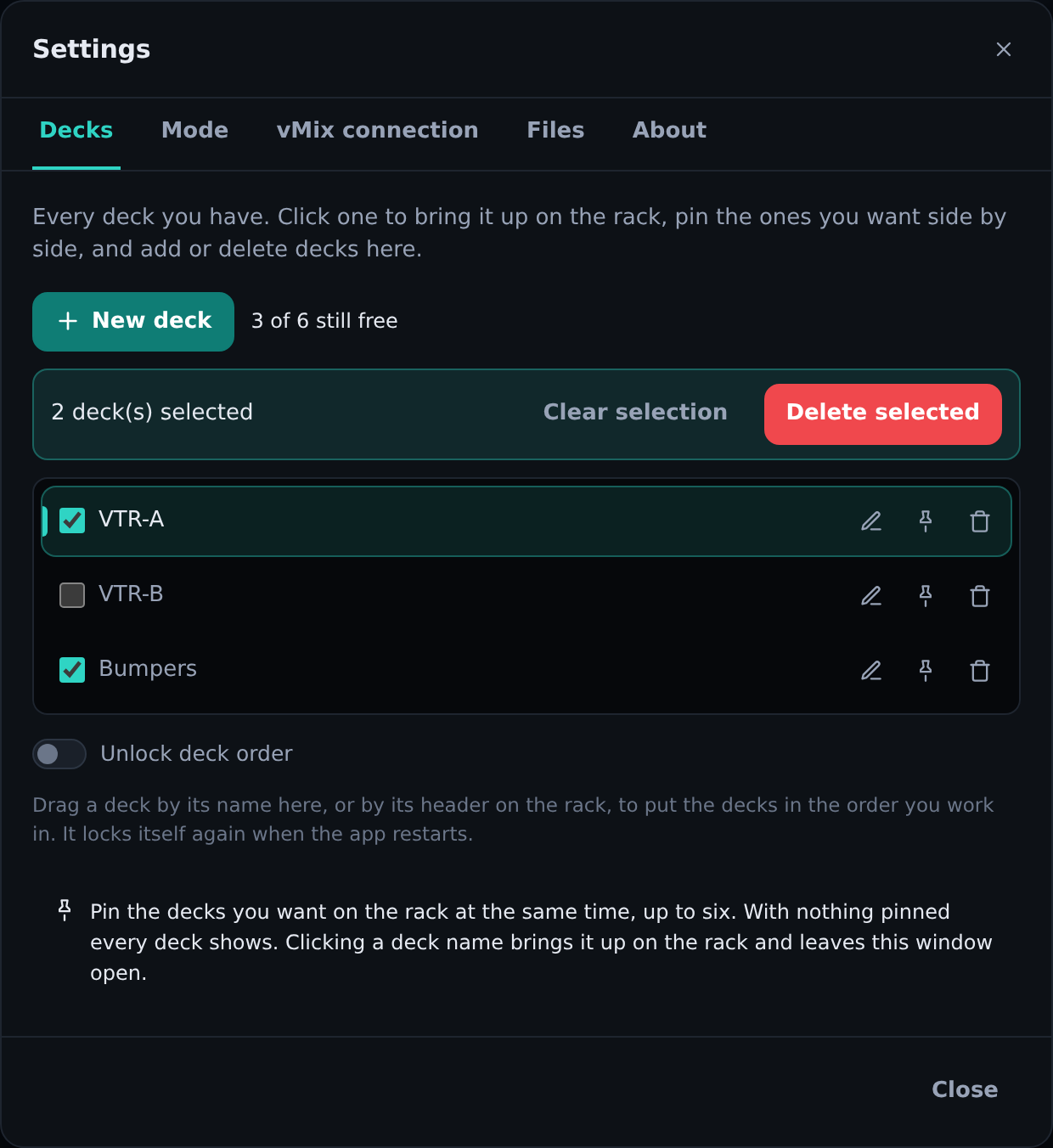 Los decks del rack, en Settings